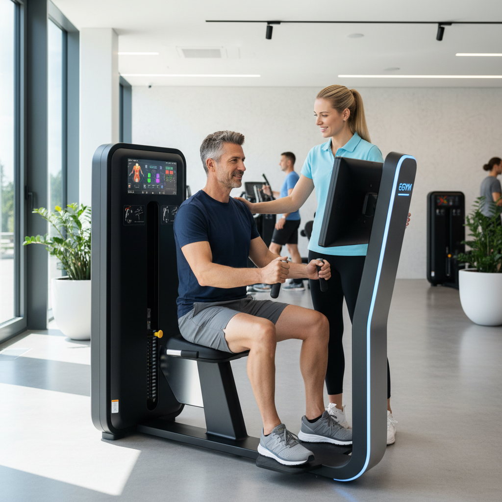 A physiotherapist provides guidance to a man training on an EGYM strength machine at the Fit Square gym in Almere.